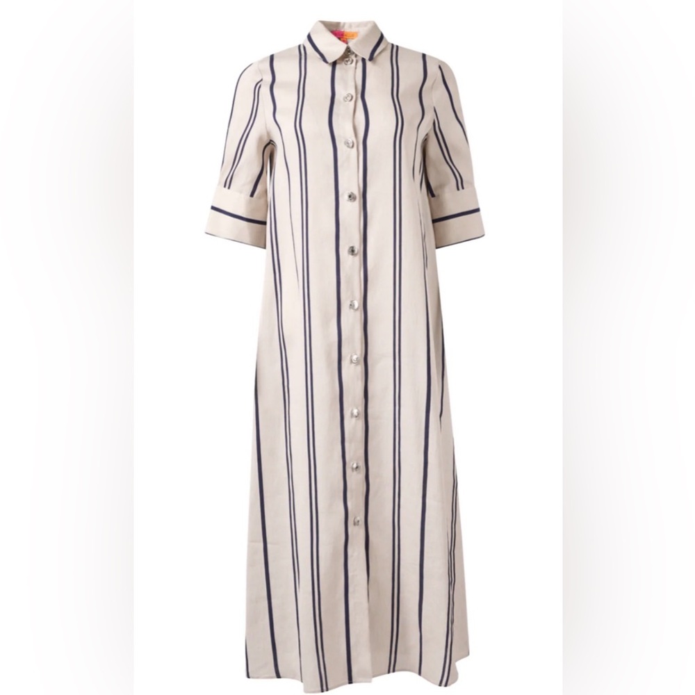 Vilagallo Cream and Navy Striped Button-Front Maxi Dress